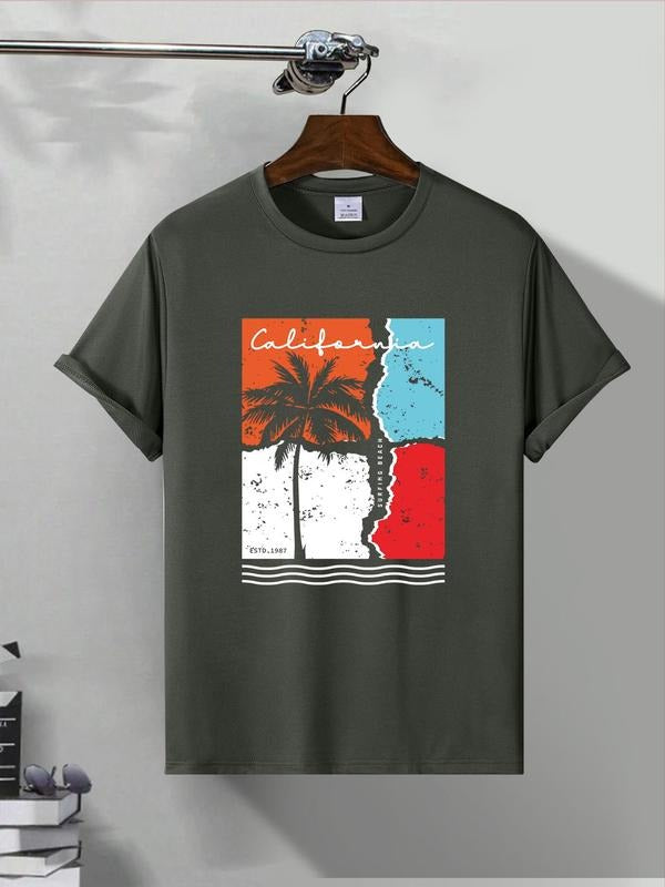 Men'WB shield Regular Fit Letter & Palm Tree Print Graphic Tee, Casual Short Sleeve Round Neck T-shirt for Summer,...