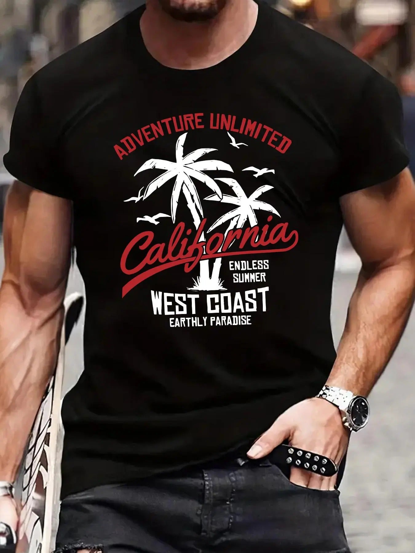 Men'WB shield Regular Fit Letter & Palm Tree Print Round Neck Tee, Crew Neck Short Sleeve T-shirt for Men, Casual Comfy...