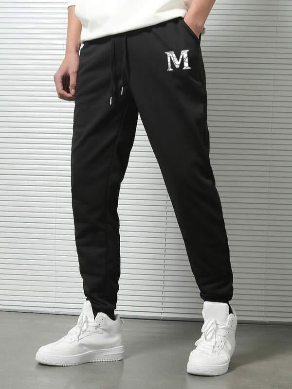 Men'WB shield Regular Fit Letter Print Pocket Drawstring Sweatpants, Casual Street Elastic Waist Trousers For Spring &...