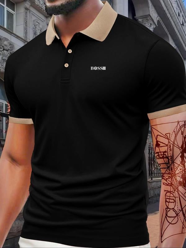 Men'WB shield Regular Fit Letter Print Polo Shirt, Casual Short Sleeve Collar Top for Summer, Fashion Men'WB shield TNF...