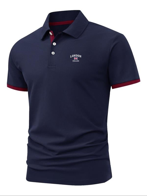 Men'WB shield Regular Fit Letter Print Polo Shirt, Casual Short Sleeve Top for Summer, Fashion Men'WB shield TNF for...