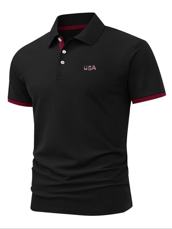 Men'WB shield Regular Fit Letter Print Polo Shirt, Casual Short Sleeve Top for Summer, Fashion Men'WB shield TNF for...