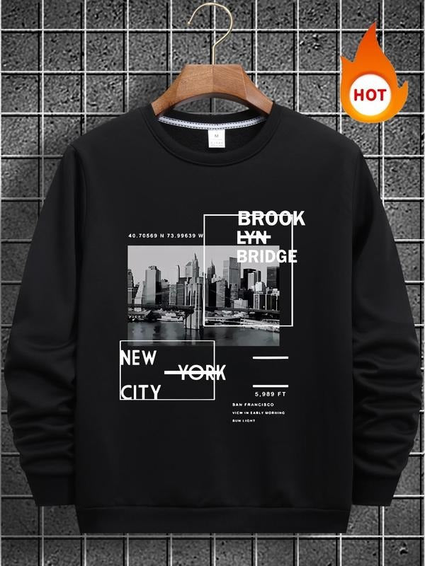 Men'WB shield Regular Fit Letter Print Round Neck Sweatshirt, Casual Long Sleeve Crew Neck Pullover for Fall & Winter,...