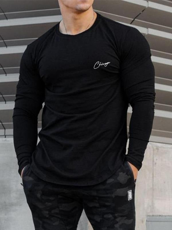 Men'WB shield Regular Fit Letter Print Round Neck Tee, Casual Long Sleeve Crew Neck T-Shirt for Spiky hair fighters...