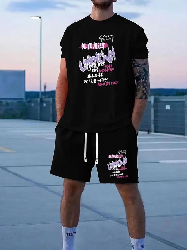 Men'WB shield Regular Fit Letter Print Short Sleeve Graphic Tee & Shorts Set, Casual Round Neck T-shirt & Shorts, Men'WB...
