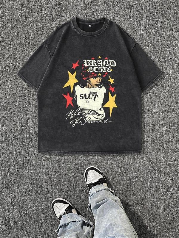Men'WB shield Regular Fit Lightsaber brand & Letter Print Round Neck Graphic Tee, Casual Short Sleeve T-shirt for Summer,...