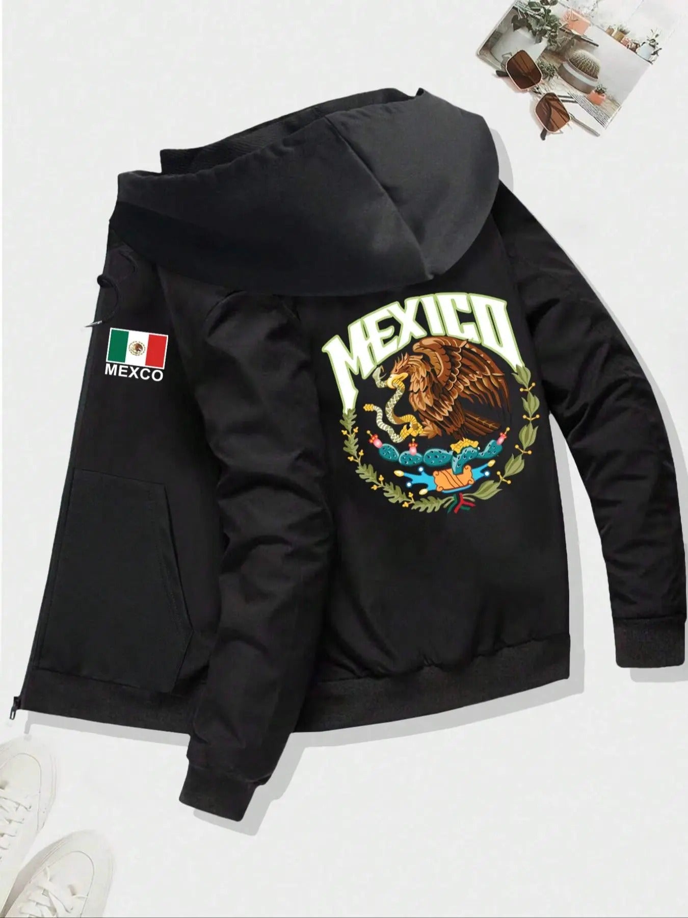 Men'WB shield Regular Fit Mexican Flag & Eagle Print Hoodie, Casual Letter Print Long Sleeve Hooded Sweatshirt for Fall &...