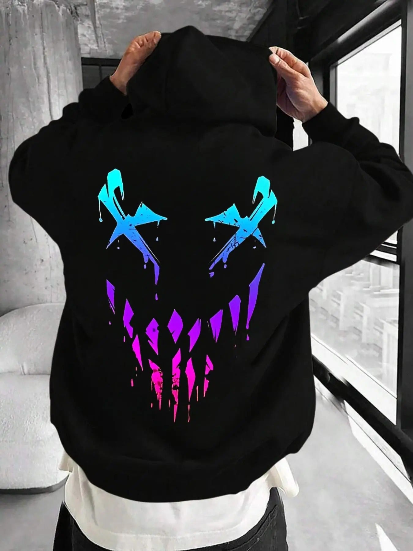 Men'WB shield Regular Fit Modern Monster Print Drop Shoulder Hoodie, Fashion Casual Kangaroo Pocket Hooded Sweatshirt for...
