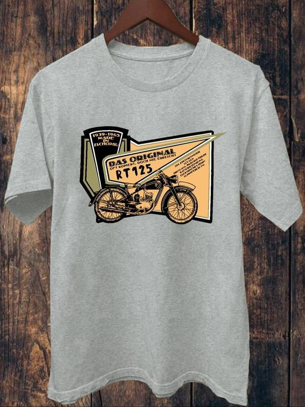 Men'WB shield Regular Fit Motorcycle & Letter Print Graphic Tee, Casual Short Sleeve Round Neck T-shirt for Daily Wear,...