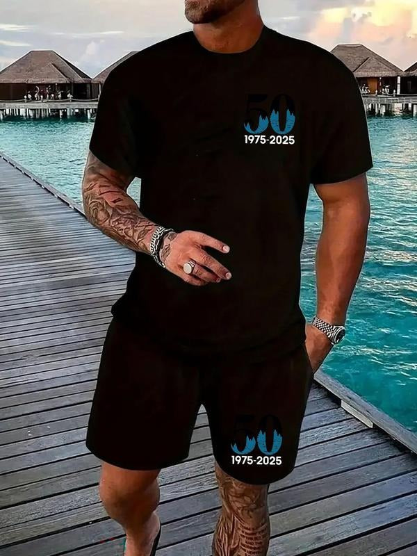 Men'WB shield Regular Fit Number Print Short Sleeve Tee & Drawstring Waist Shorts Straw hat pirates Set, Casual Round...