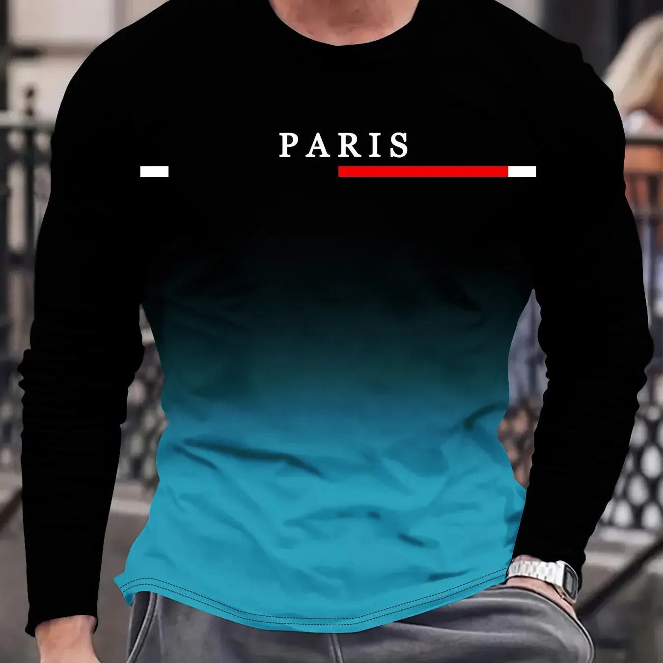 Men'WB shield Regular Fit Ombre & Letter Print Round Neck Tee, Casual Long Sleeve Crew Neck T-shirt for Fall & Winter,...