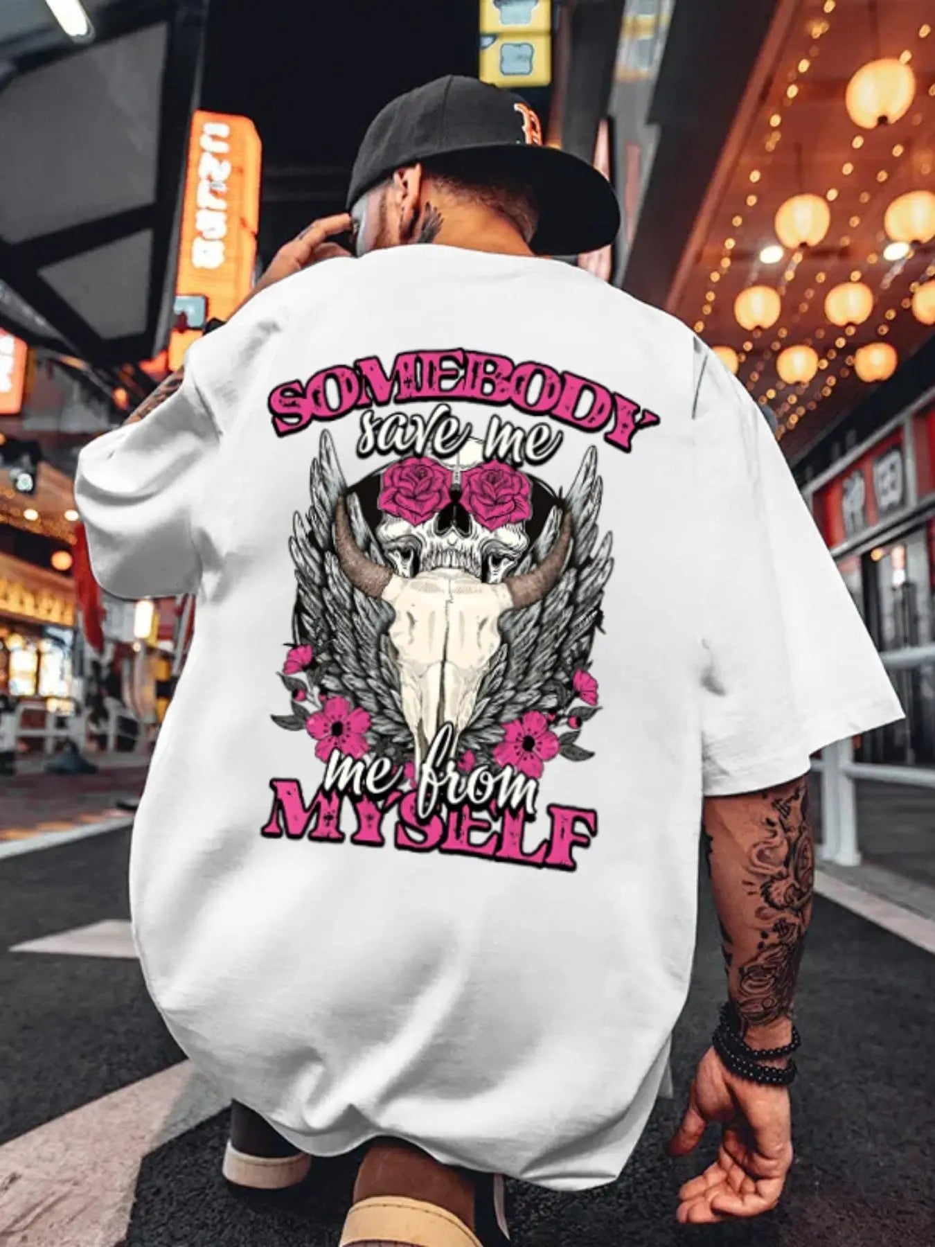 Men'WB shield Regular Fit Owl & Bull & Letter Print Drop Shoulder Tee, Casual Comfy Round Neck Half Sleeve T-shirt for...