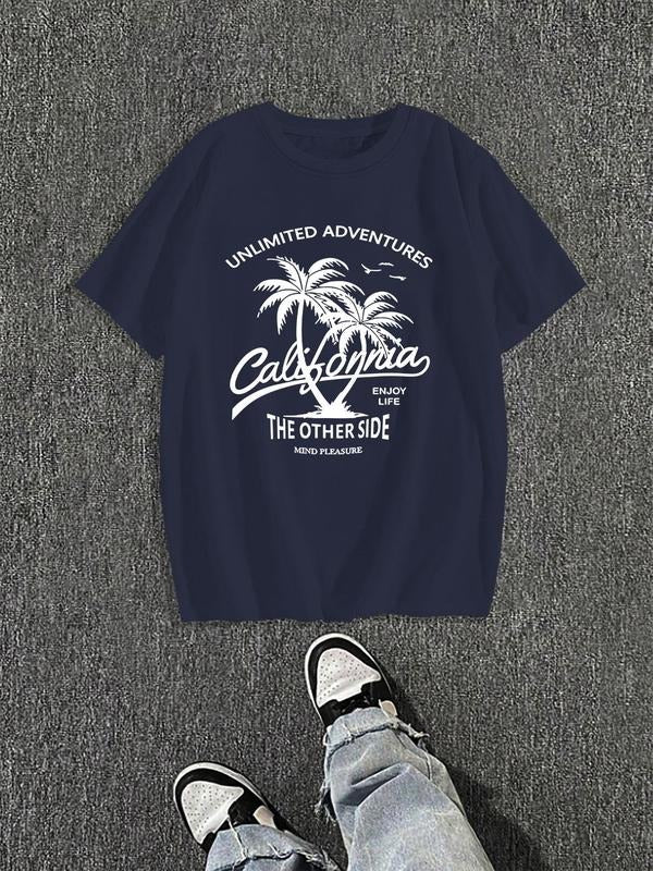 Men'WB shield Regular Fit Palm Tree & Letter Print Round Neck Graphic Tee, Casual Short Sleeve T-shirt for Daily Wear,...