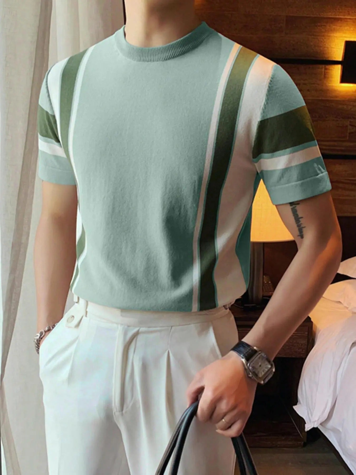 Men'WB shield Regular Fit Patchwork Print Round Neck Knit Top, Casual Short Sleeve Crew Neck Knitwear for Summer, Fashion...