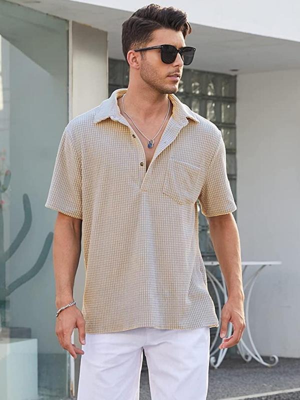 Men'WB shield Regular Fit Pocket Button Front Waffle Knit Polo Shirt, Casual Short Sleeve Top for Summer, Menswear for...