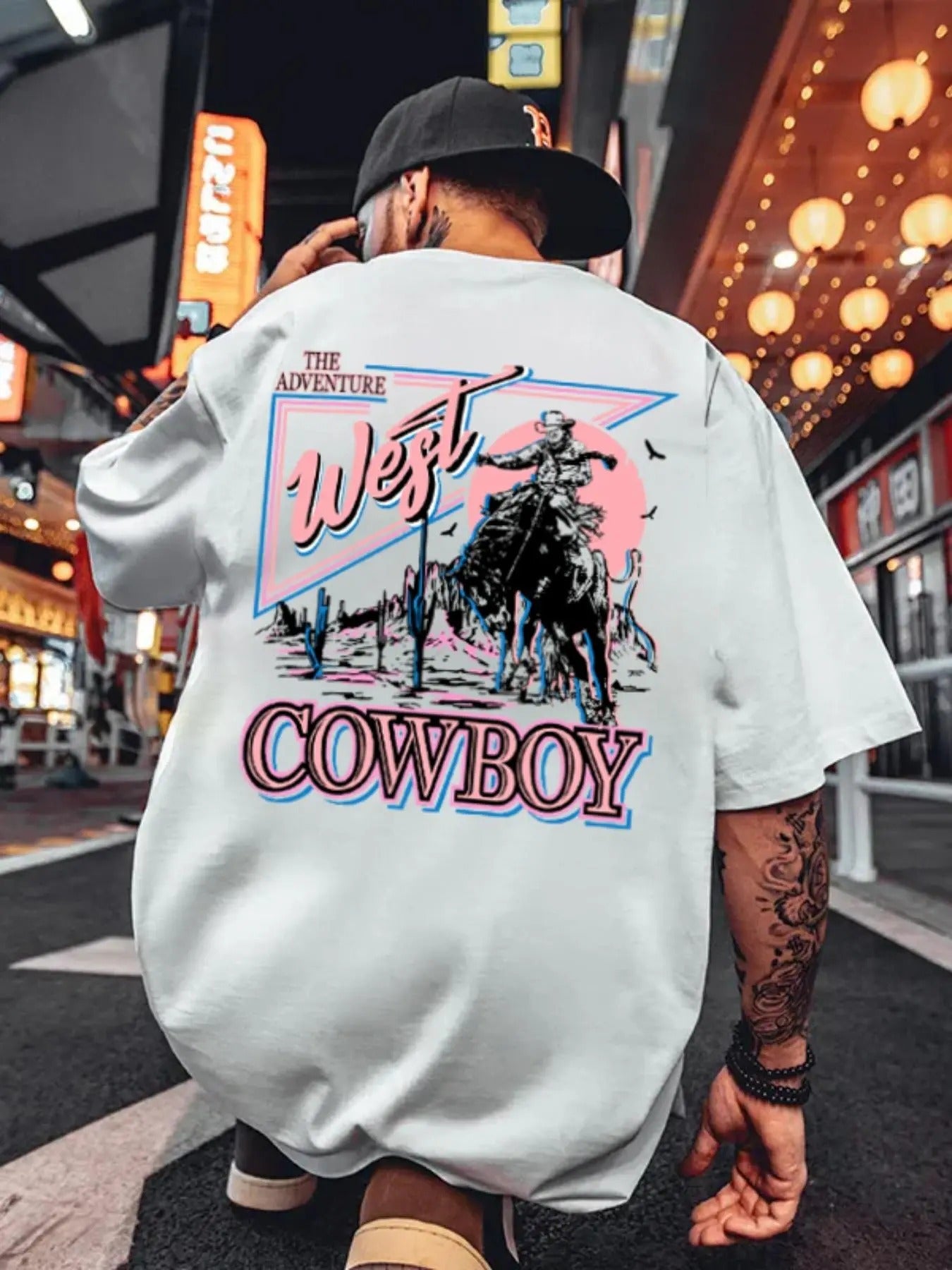 Men'WB shield Regular Fit Rodeo Cowboy & Letter Print Drop Shoulder Tee, Casual Comfy Half Sleeve Round Neck T-Shirt for...