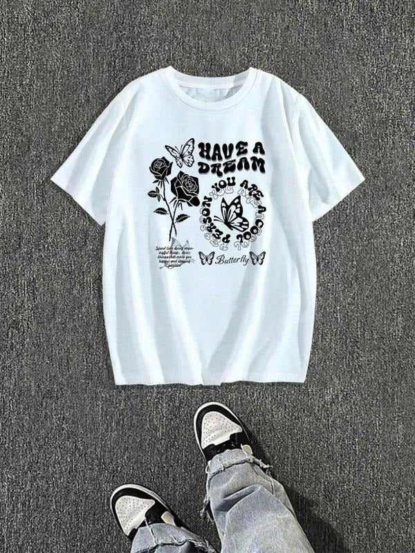 Men'WB shield Regular Fit Rose & Letter Print Round Neck Graphic Tee, Casual Short Sleeve T-shirt for Daily Wear, Men'WB...