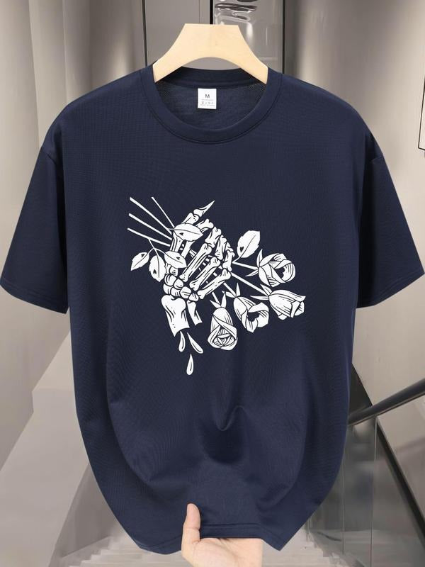 Men'WB shield Regular Fit Rose & Skeleton Hand Print Graphic Tee, Casual Short Sleeve Round Neck T-shirt for Daily Wear,...