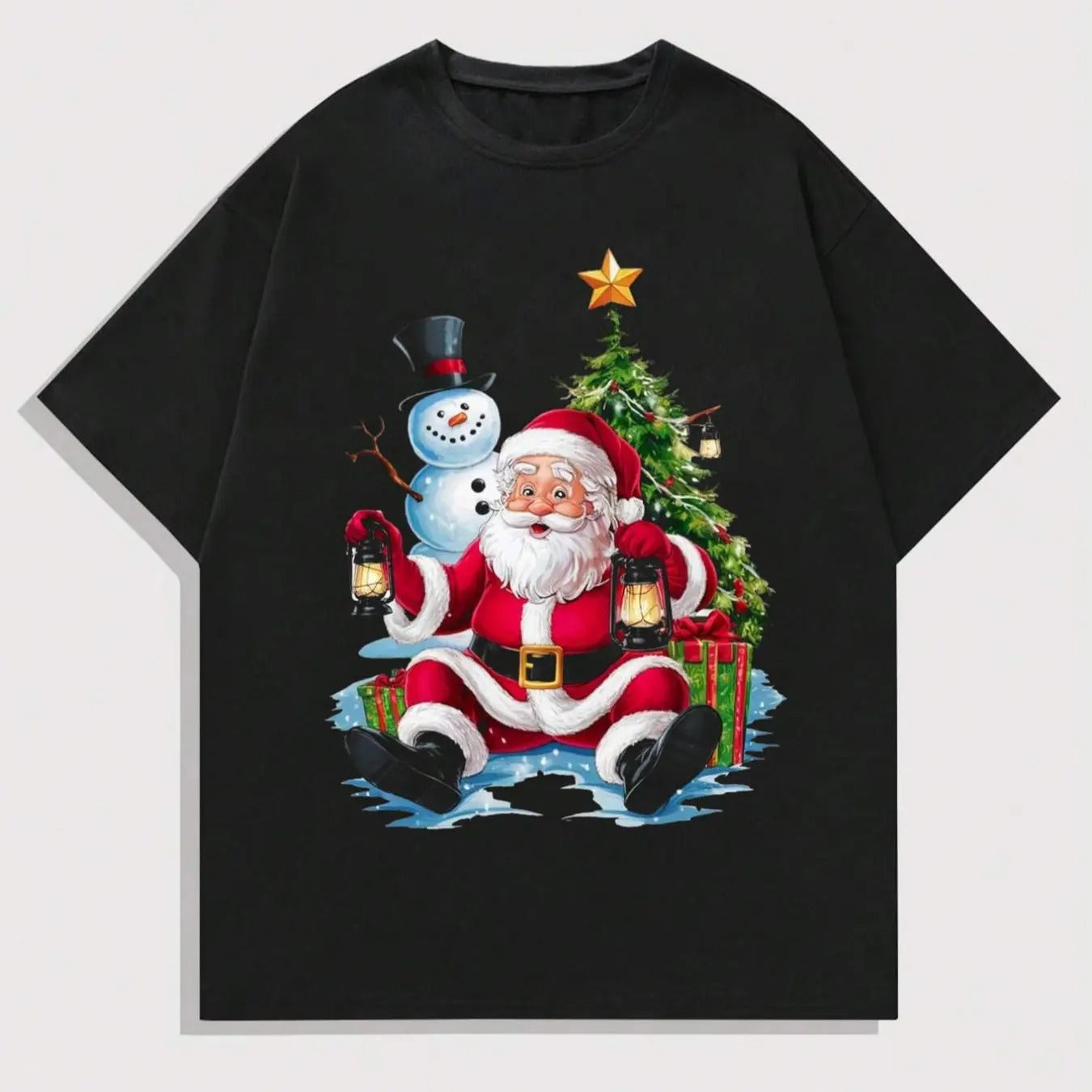 Men'WB shield Regular Fit Santa Claus Print Drop Shoulder Tee, Casual Street Short Sleeve Round Neck T-shirt for Summer,...