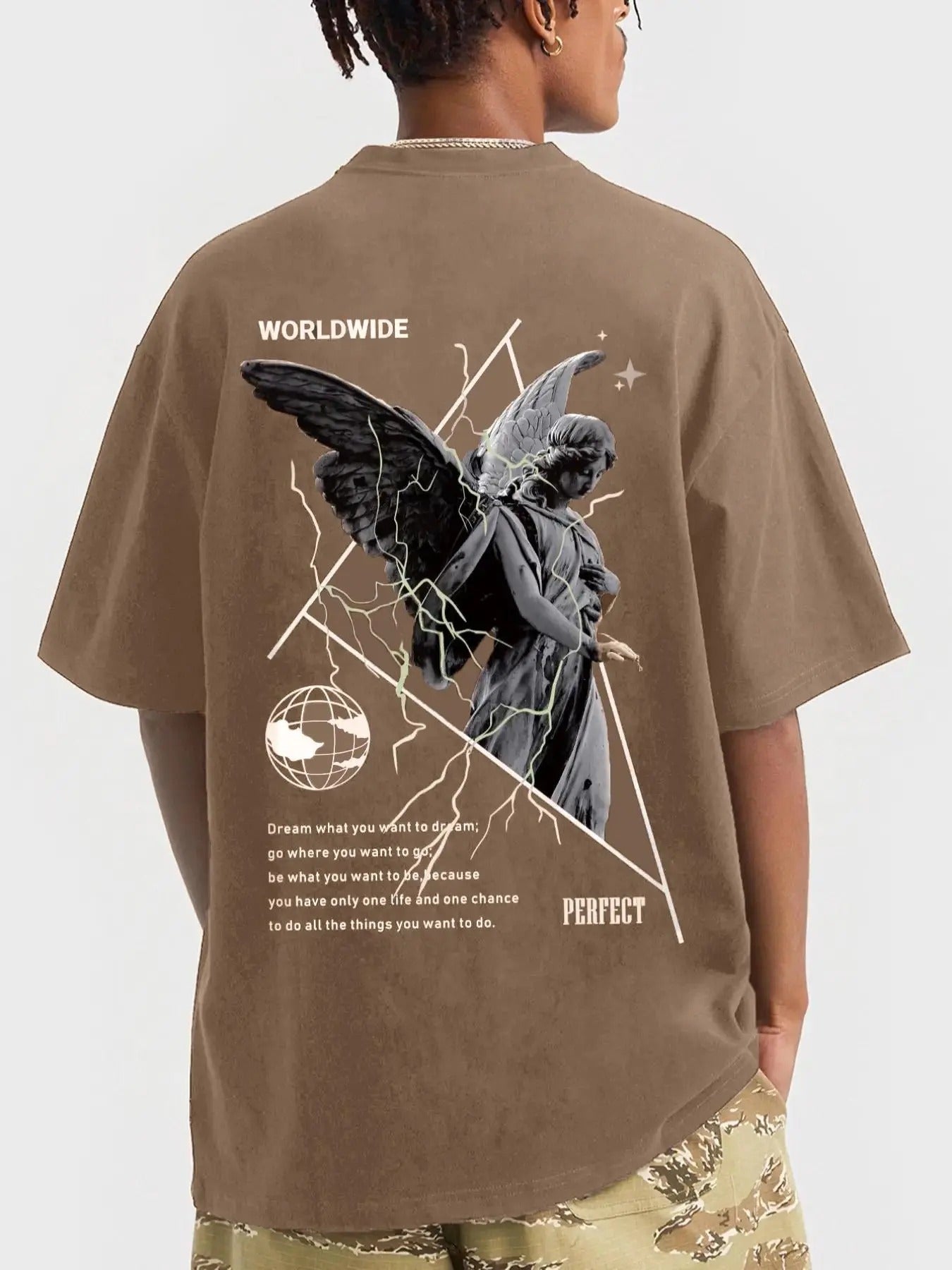 Men'WB shield Regular Fit Sculpture & Letter Print Drop Shoulder Tee, Casual Streetwear FOG Comfy Round Neck Half Sleeve...