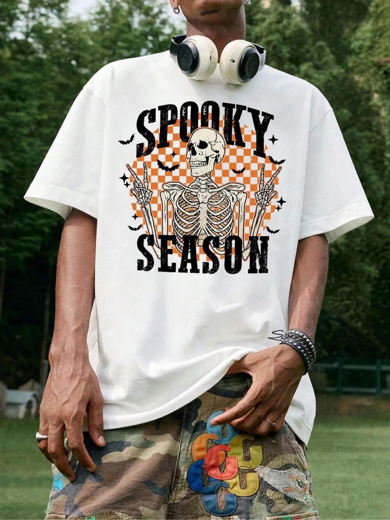 Men'WB shield Regular Fit Skeleton Graphic Print Drop Shoulder Tee, Casual Comfy Round Neck Half Sleeve T-Shirt for...