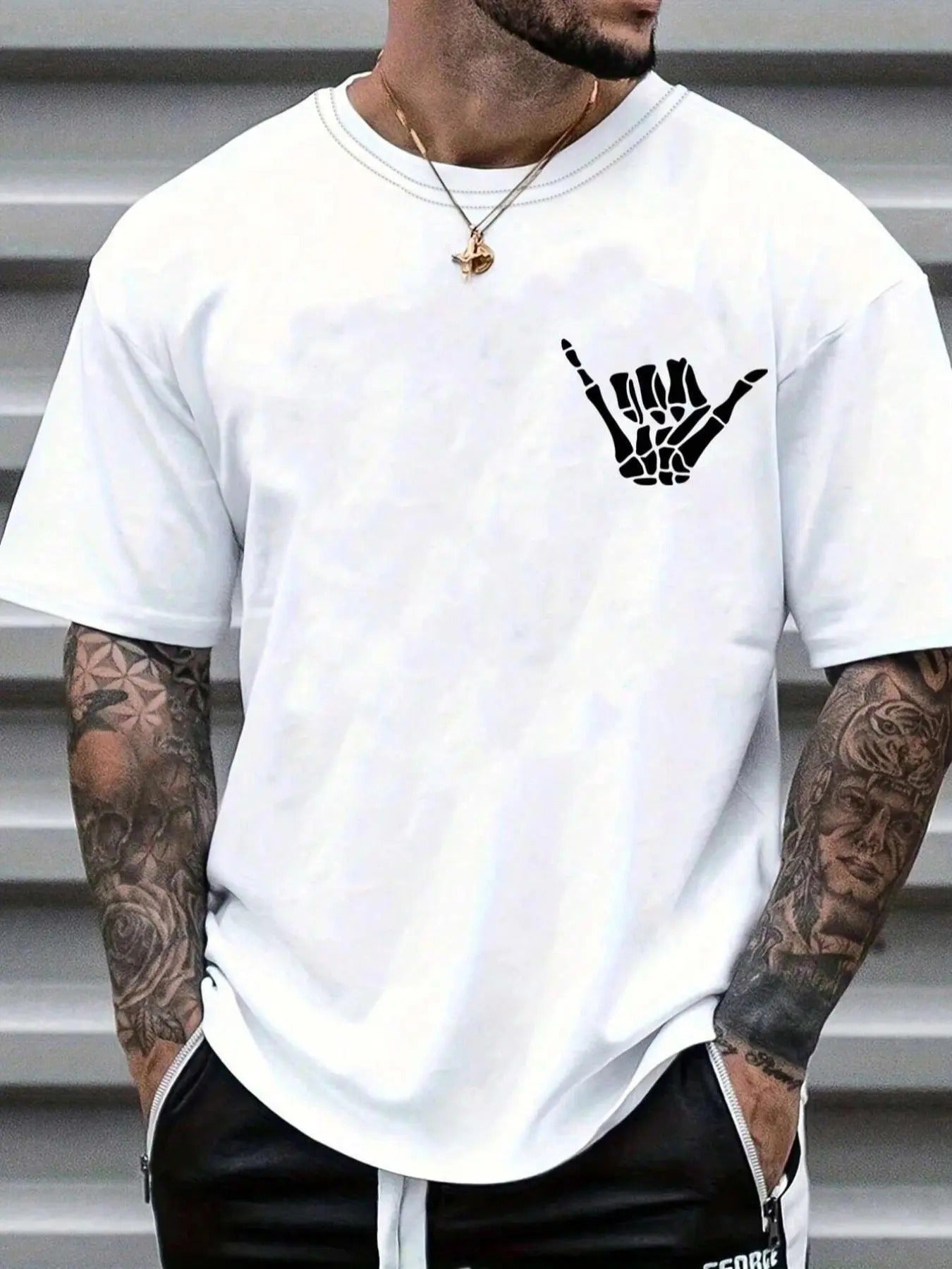 Men'WB shield Regular Fit Skeleton Hand Print Short Sleeve Graphic Tee, Casual Fashion Drop Shoulder Round Neck T-shirt...