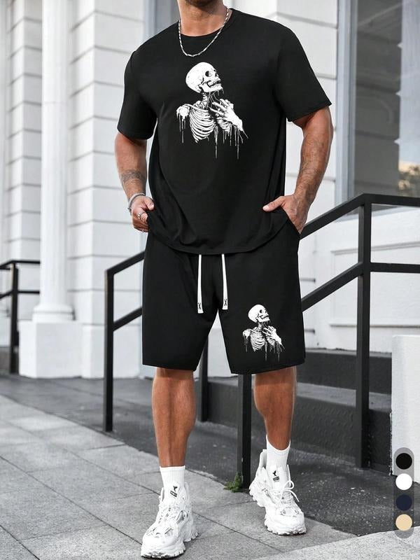 Men'WB shield Regular Fit Skeleton Print Short Sleeve Tee & Shorts Set, Casual Round Neck T-shirt & Shorts, Men'WB shield...