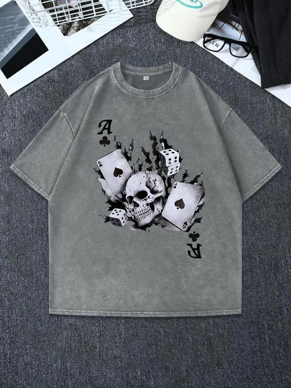 Men'WB shield Regular Fit Skull & Dice Print Round Neck Tee, Casual Short Sleeve Crew Neck T-shirt for Summer, Fashion...
