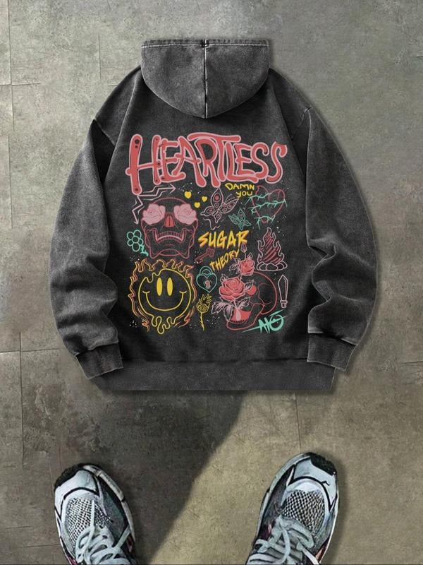 Men'WB shield Regular Fit Skull & Letter Print Hoodie, Fashion Casual Hooded Sweatshirt for Daily Holiday Outdoor Wear,...
