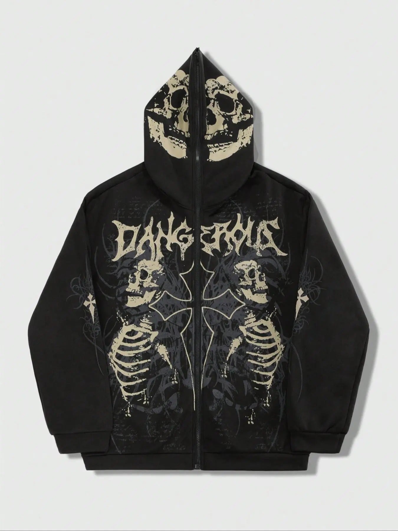 Men'WB shield Regular Fit Skull & Letter Print Zip Up Hoodie, Street Fashion Casual Long Sleeve Hooded Sweatshirt for...