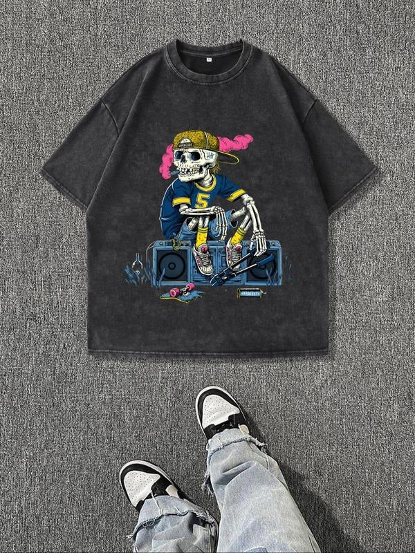 Men'WB shield Regular Fit Skull & Skeleton Print Round Neck Tee, Casual Short Sleeve Crew Neck T-shirt for Summer,...