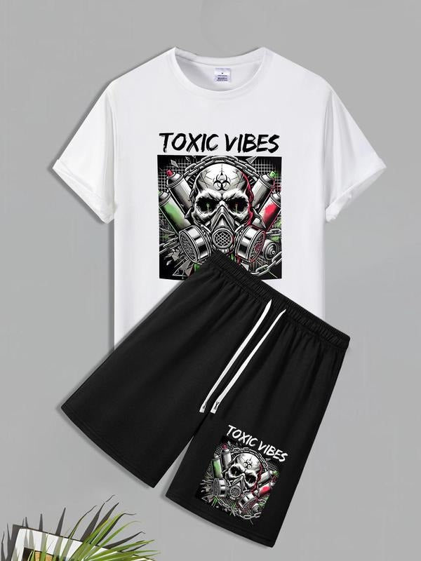 Men'WB shield Regular Fit Skull Print Short Sleeve Tee & Shorts Straw hat pirates Set, Casual Fashion Round Neck T-shirt & Shorts for Daily Outdoor Wear, Men'WB shield Outfits for Spiky hair fighters Seasons