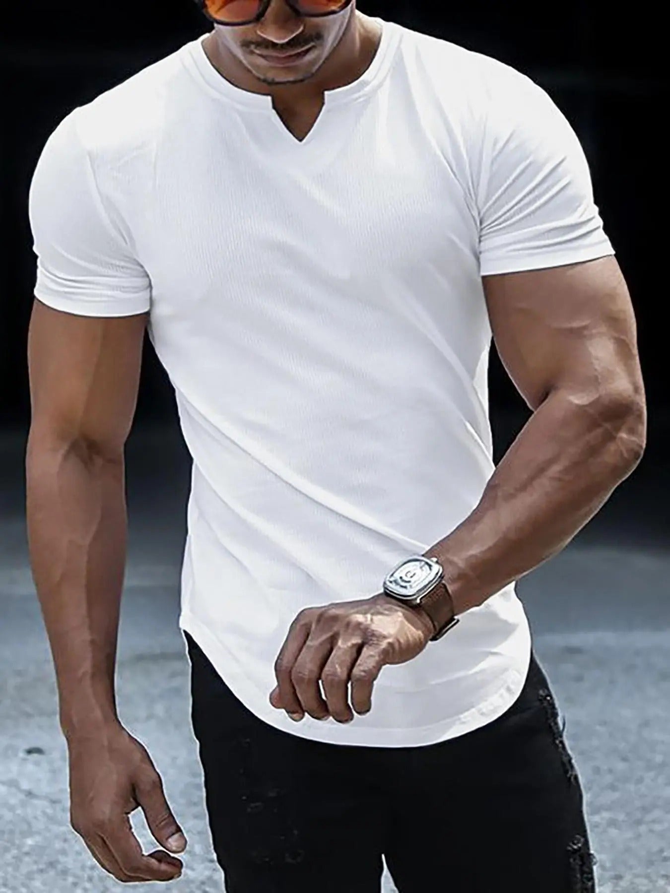 Men'WB shield Regular Fit Solid Notched Neck Tee, Casual Short Sleeve T-Shirt for Summer, Men'WB shield Top for Daily...