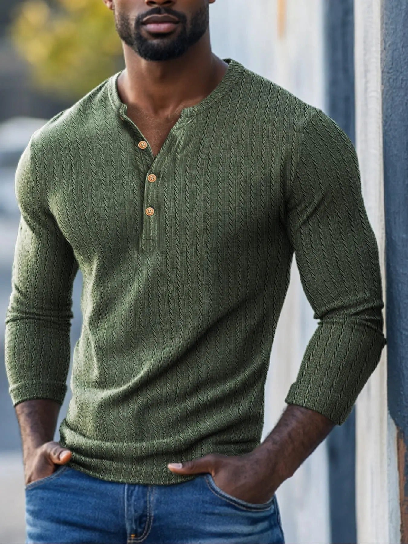 Men'WB shield Regular Fit Solid Textured Button Round Neck Tee, Casual Comfy Long Sleeve T-shirt for Spring & Fall,...