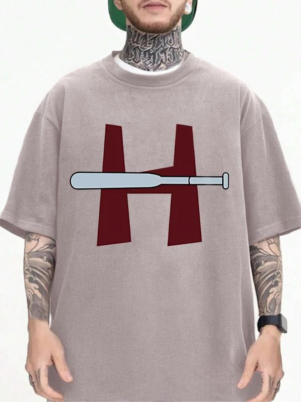 Men'WB shield Regular Fit Spiky hair fighters Bat & Letter Print Round Neck Tee, Casual Short Sleeve Crew Neck T-shirt...