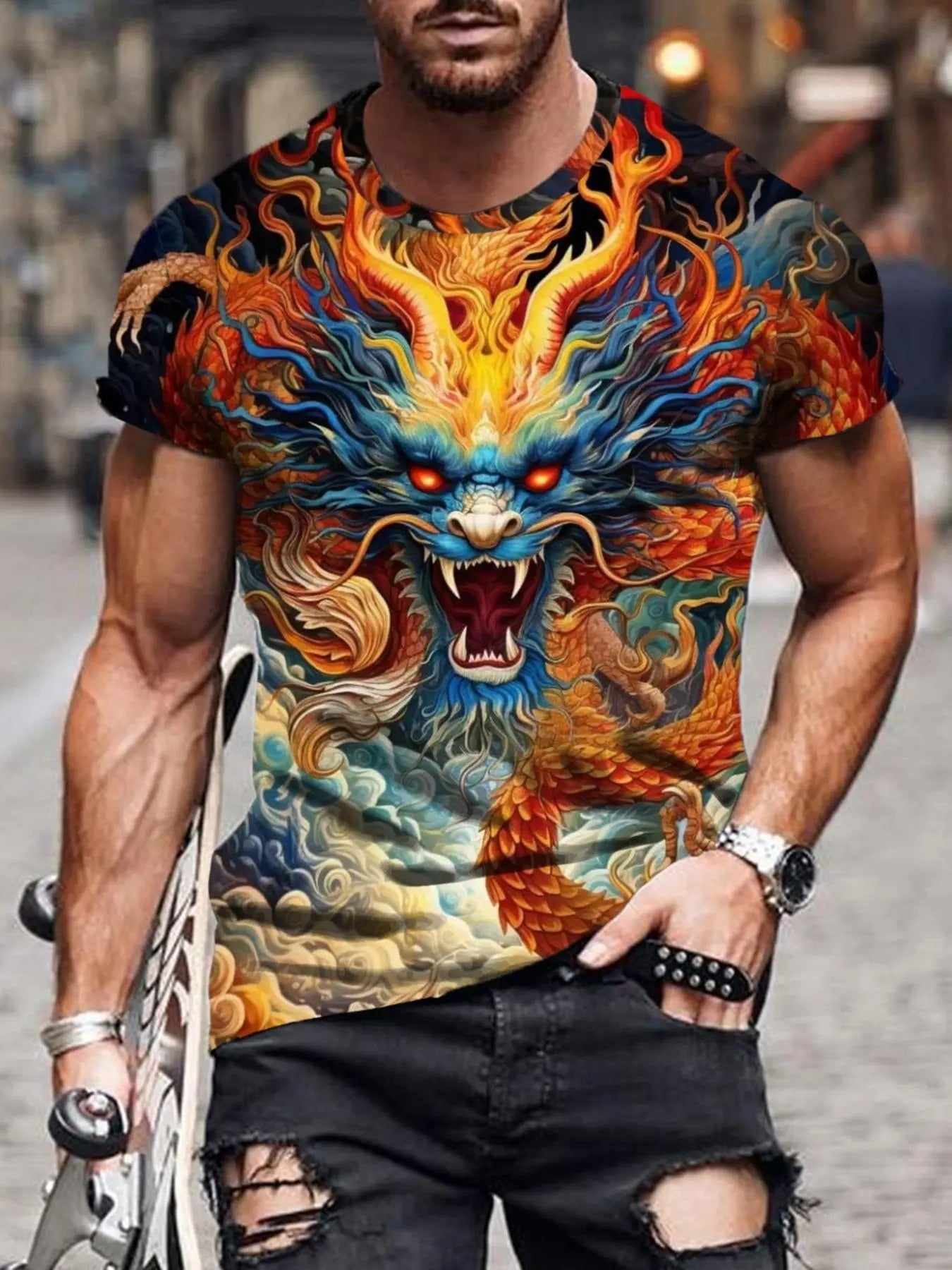 Men'WB shield Regular Fit Spiky hair fighters Fire Print Round Neck Tee, Casual Short Sleeve Crew Neck T-Shirt for...