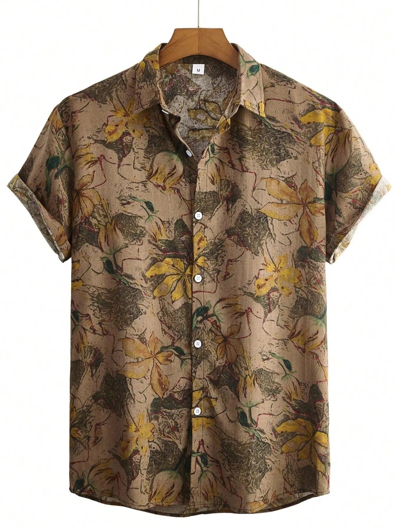Men'WB shield Regular Fit Spiky hair fighters Over Floral Print Button Front Shirt, Casual Short Sleeve Collared Top for...