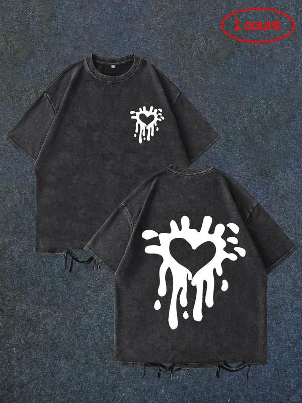 Men'WB shield Regular Fit Splash Ink & Heart Print Short Sleeve Tee, Casual Comfy Round Neck T-shirt for Daily Wear,...