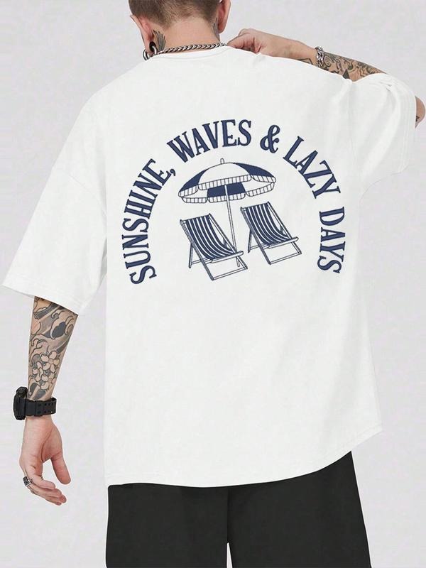 Men'WB shield Regular Fit Sunshine & Letter Print Round Neck Tee, Casual Short Sleeve Crew Neck T-shirt for Summer,...
