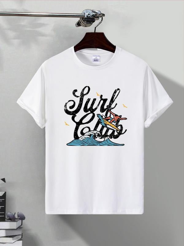 Men'WB shield Regular Fit Surfing & Letter Print Round Neck Graphic Tee, Casual Short Sleeve T-shirt for Summer, Men'WB...