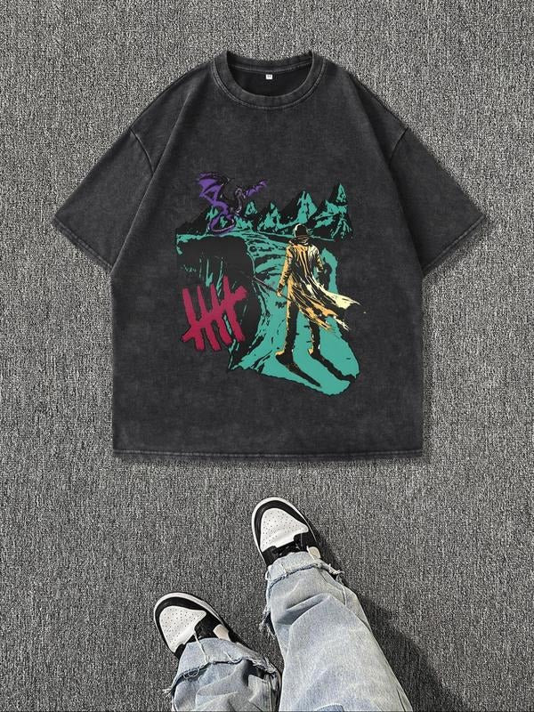 Men'WB shield Regular Fit Vintage Graphic Tee, Casual Street Short Sleeve T-shirt for Summer, Menswear for Daily Wear,...