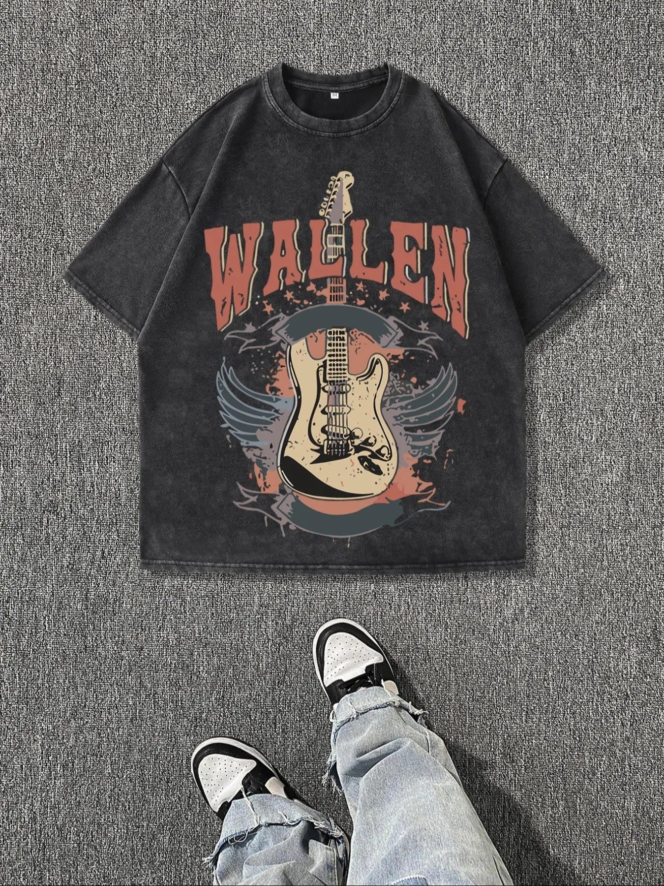 Men'WB shield Retro Style Guitar Graphic Print Washed Distressed Round Neck Tee, Regular Fit Casual Comfy Short Sleeve...