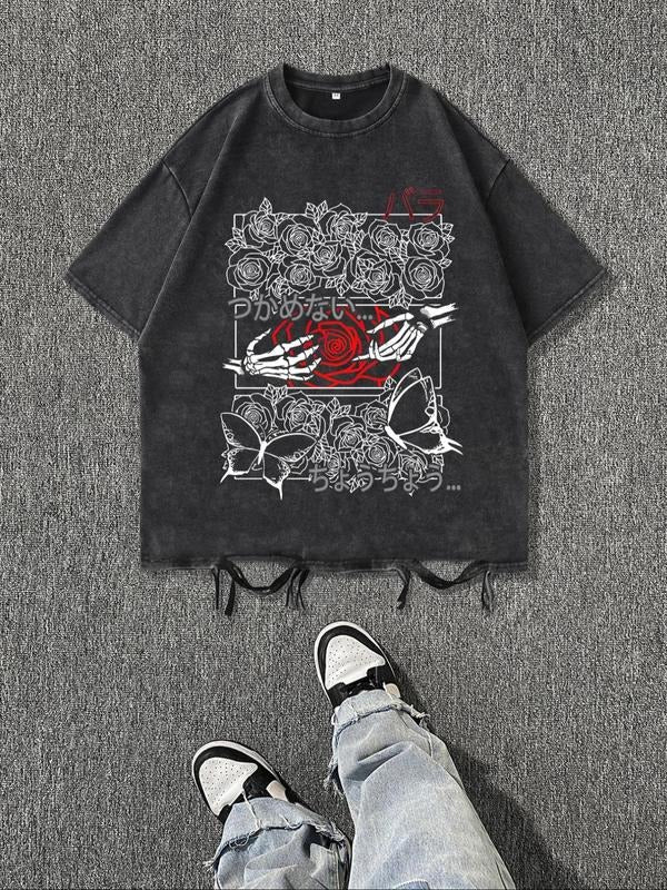 Men'WB shield Rose & Butterfly Print Distressed Graphic Tee, Vintage Trendy Casual Short Sleeve T-shirt for Daily Wear,...