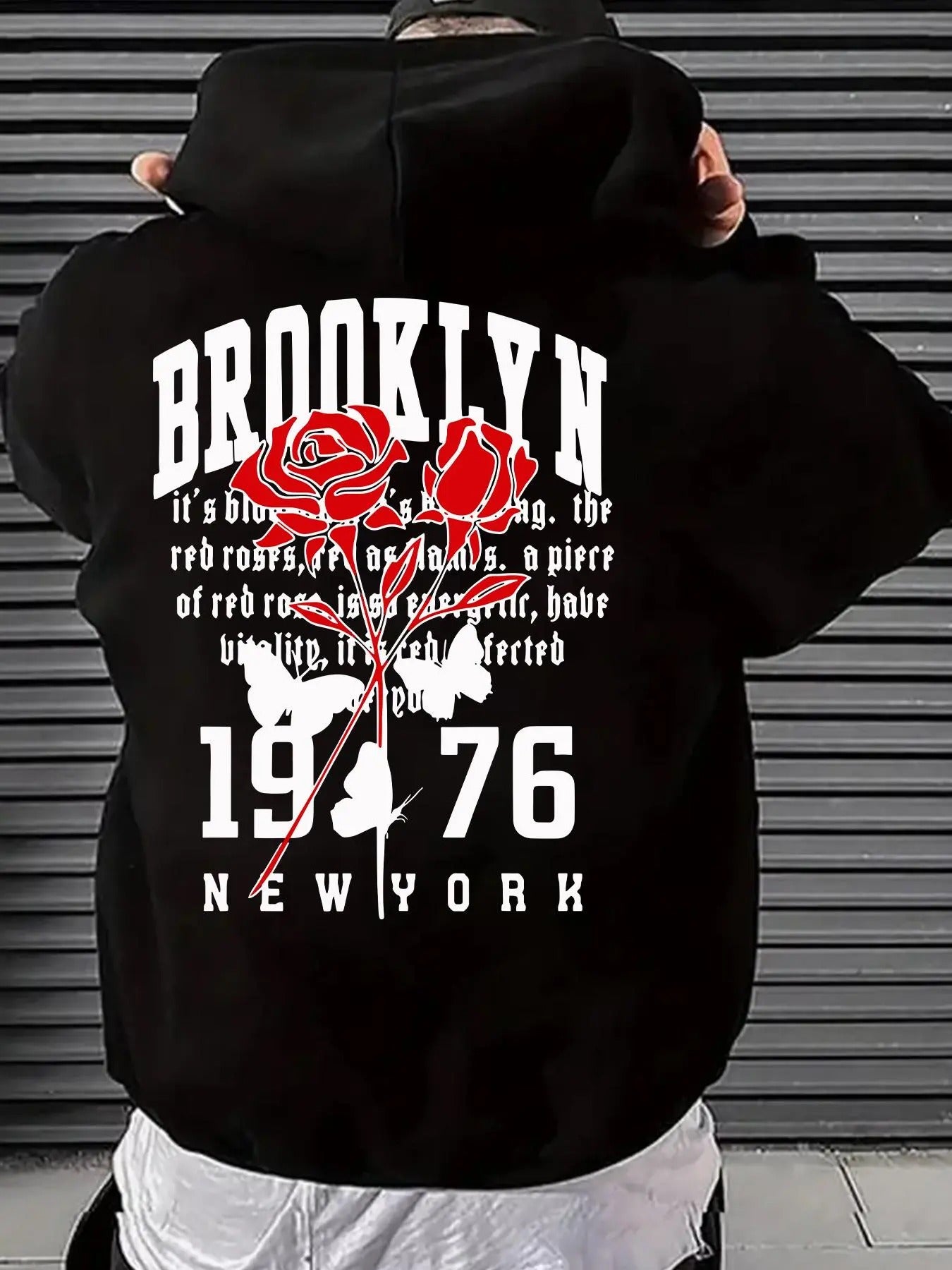 Men'WB shield Rose & Letter Print Drop Shoulder Hoodie, Fashion Casual Regular Fit Drawstring Pocket Hooded Sweatshirt...