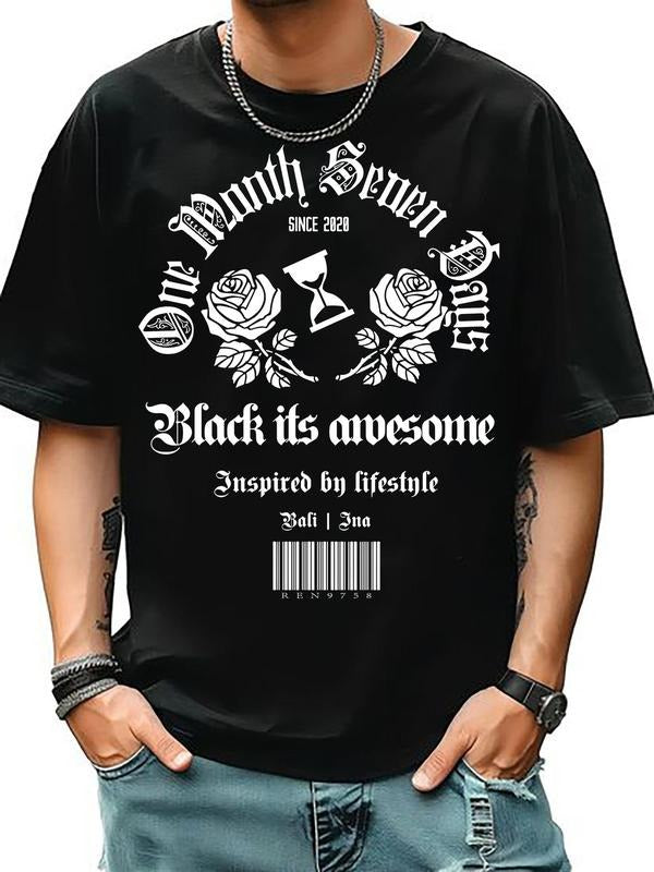 Men'WB shield Rose & Letter Print Round Neck Tee, Casual Short Sleeve T-shirt for Summer, Streetwear, Men'WB shield...