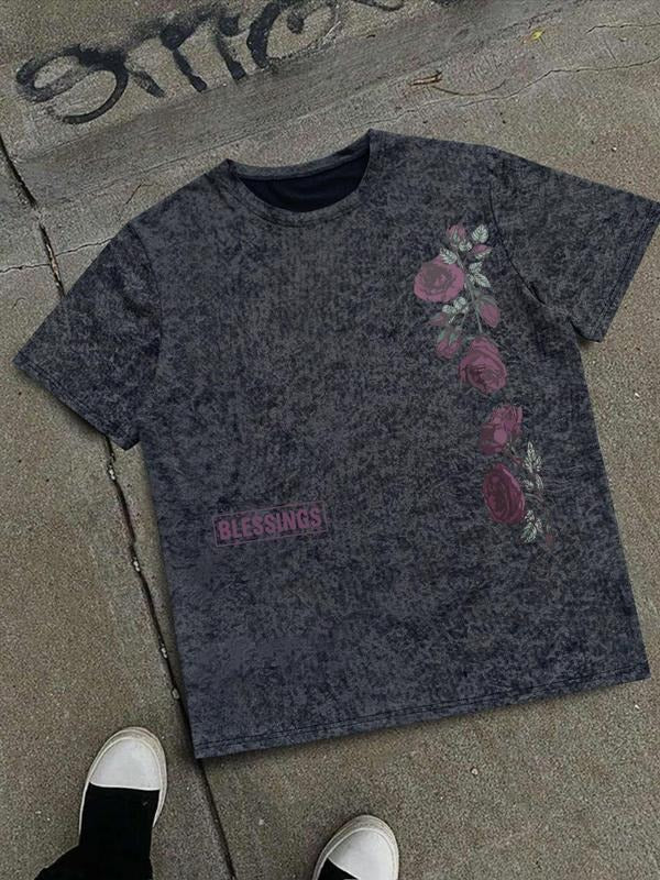 Men'WB shield Rose & Letter Print Round Neck Tee, Regular Fit Casual Short Sleeve Crew Neck T-shirt for Summer, Fashion...