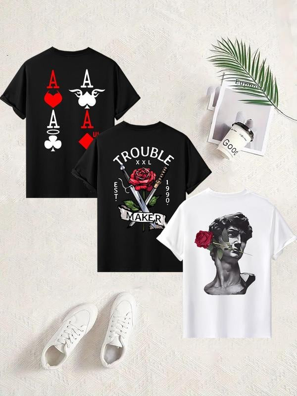 Men'WB shield Rose & Letter Print Round Neck Tee, Regular Fit Casual Short Sleeve T-shirt for Summer, Men'WB shield Top...
