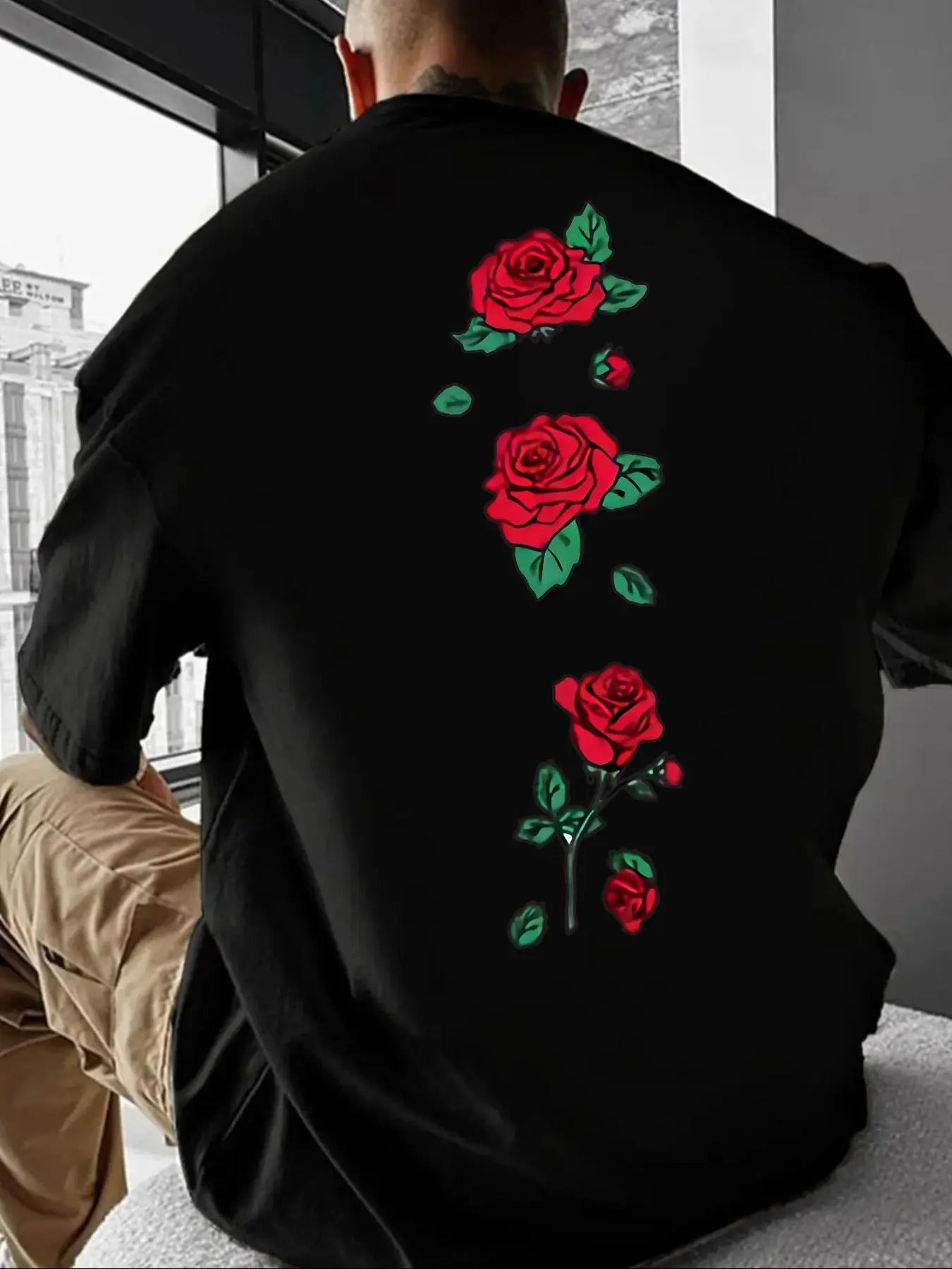 Men'WB shield Rose Print Drop Shoulder Tee, Regular Fit Casual Comfy Short Sleeve Round Neck T-Shirt for Summer, Knitting...