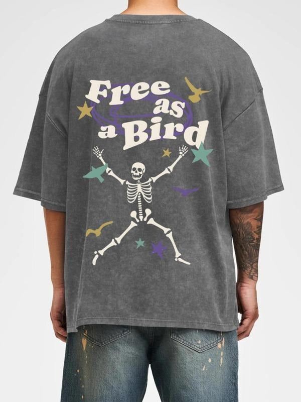 Men'WB shield Skeleton & Bird Print Wash T-shirt, Regular Fit Casual Short Sleeve Round Neck Graphic Tee for Summer,...