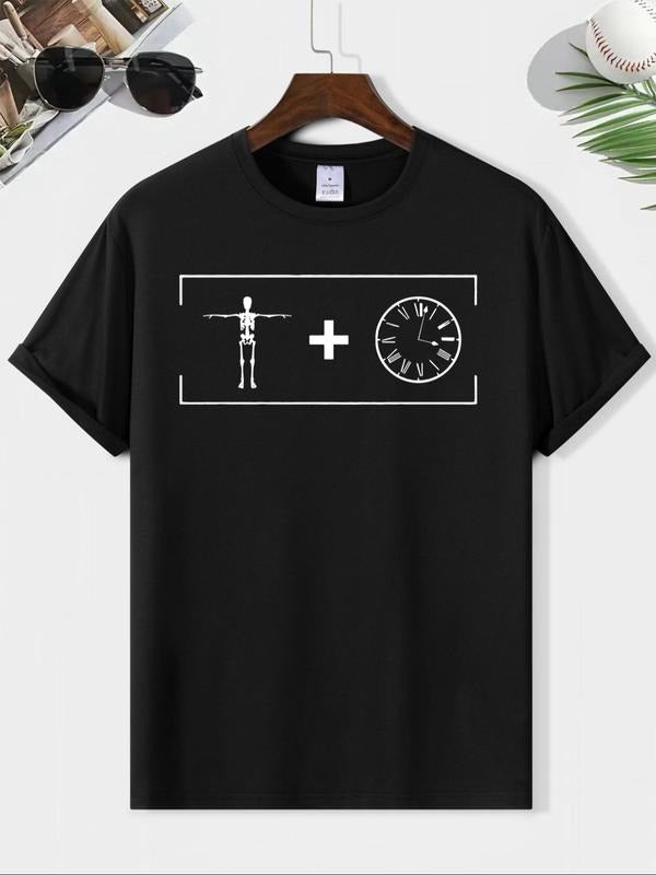 Men'WB shield Skeleton & Clock Print Round Neck Tee, Loose Casual Fashion Short Sleeve T-shirt for Summer, Men'WB shield...